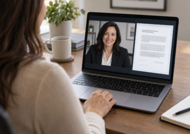 Remote Online Notarization (RON) Illustration of a client reviewing an electronic document during an online video appointment.